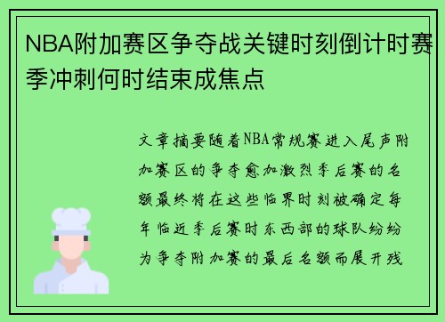 NBA附加赛区争夺战关键时刻倒计时赛季冲刺何时结束成焦点